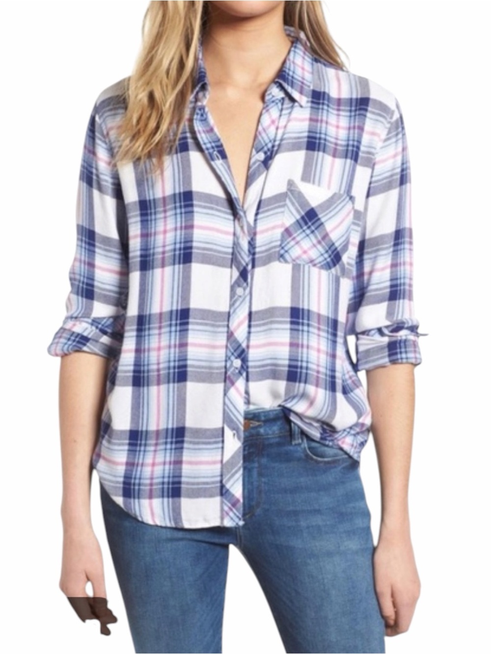 Rails Hunter Plaid Button Down Shirt S Blue Pink Ivory Long Sleeve Casual Blouse